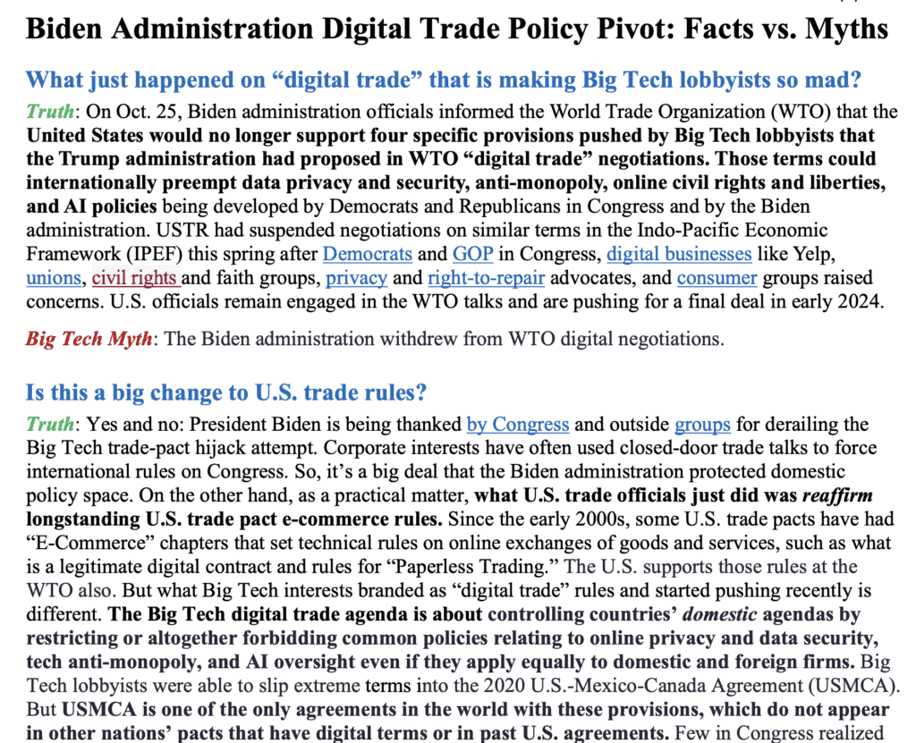 A screenshot of the Biden Administration Digital Trade Policy Pivot: Facts vs. Myths memo