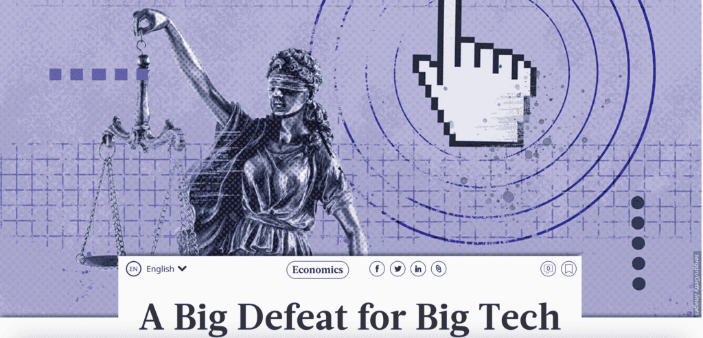 A screenshot of the art used for Professor Stiglitz's op-ed. It's a picture of Lady Justice with a purple background, and an overlay of a mouse hand.
