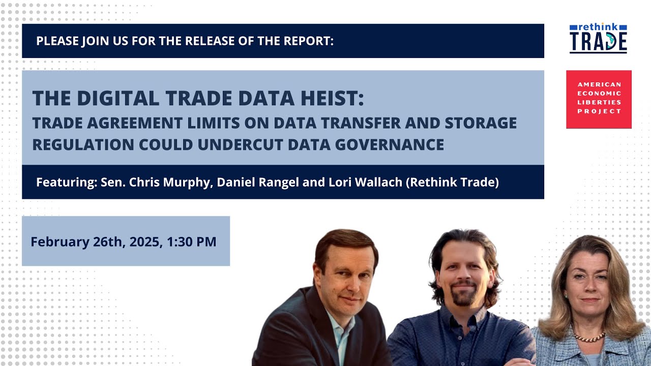 Digital Trade report release event invitation featuring headshots of three speakers—two men and one woman—titled The Digital Trade Data Heist, scheduled for February 26, 2025, at 1:30 PM. Join us to explore the latest insights in Digital Trade.
