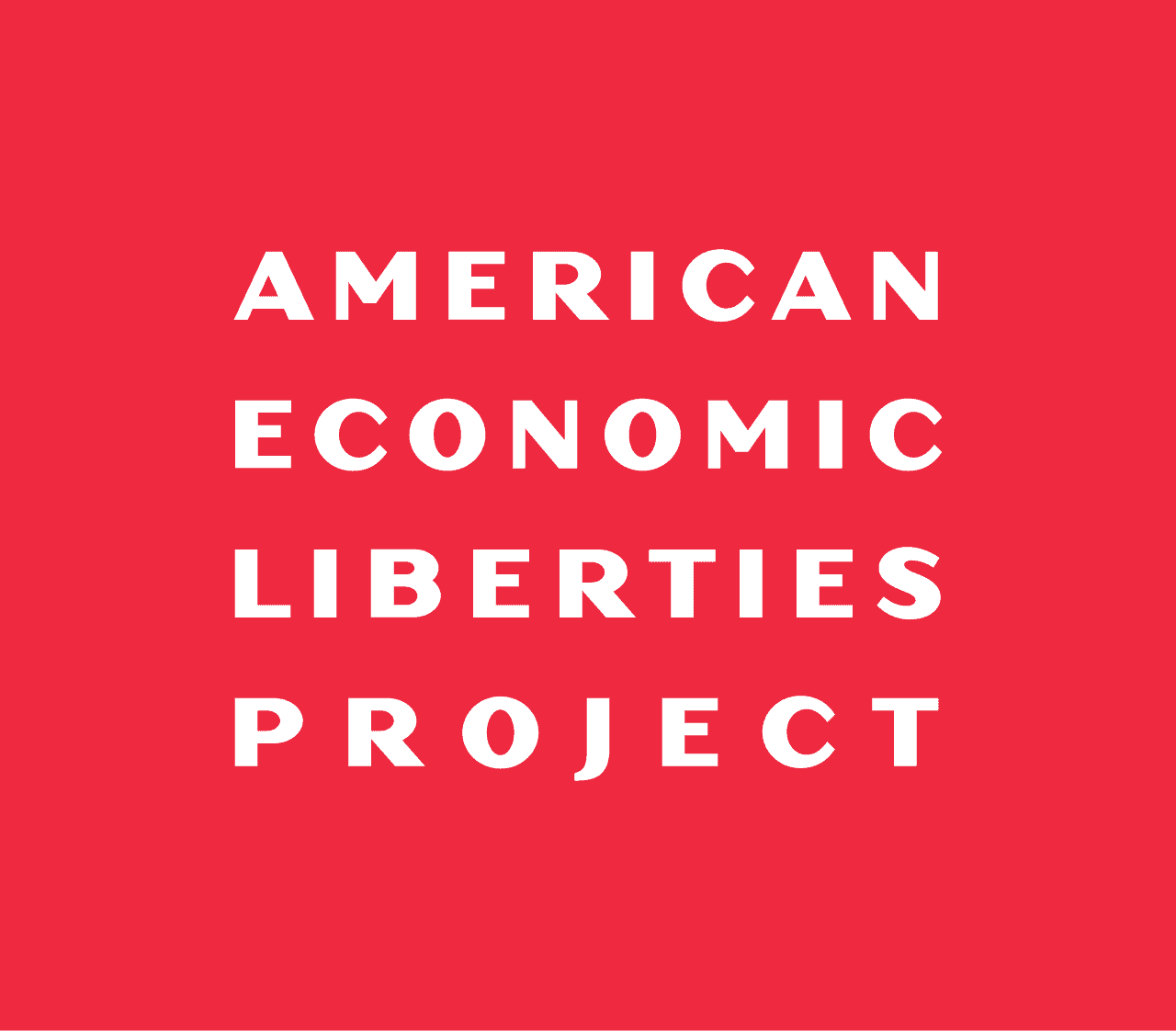 White text on a red background reads AMERICAN ECONOMIC LIBERTIES PROJECT in all capital letters, arranged in a block format, evoking themes of economic policy and issues such as tariffs.