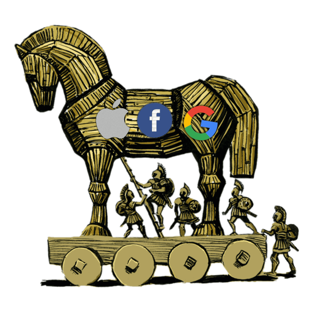 An illustration of a wooden Trojan horse with Apple, Facebook, and Google logos on its side. Ancient Greek soldiers stand around and inside the horse, pulling it on wheels.