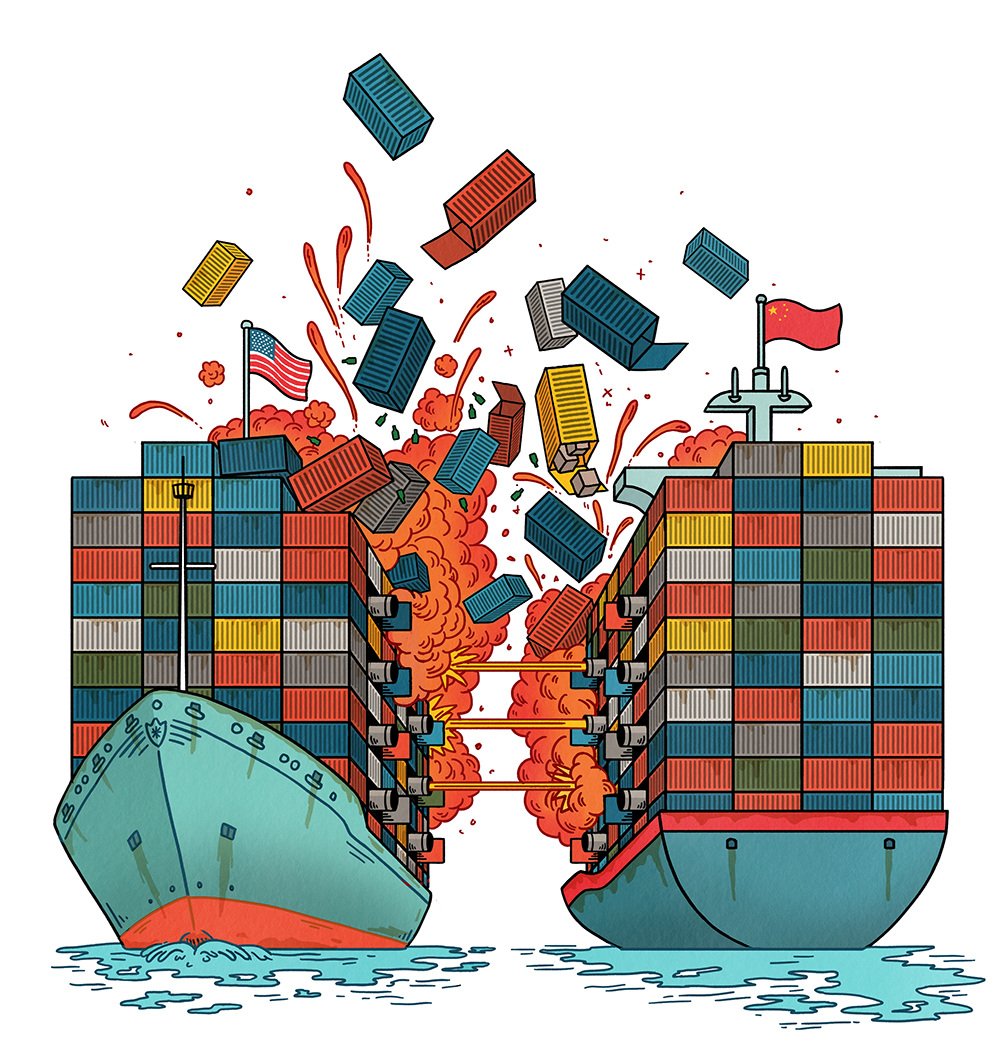 Two large cargo ships, one with a U.S. flag and the other with a red flag, collide. Shipping containers fly and orange smoke bursts where they crash, symbolizing conflict or trade dispute.