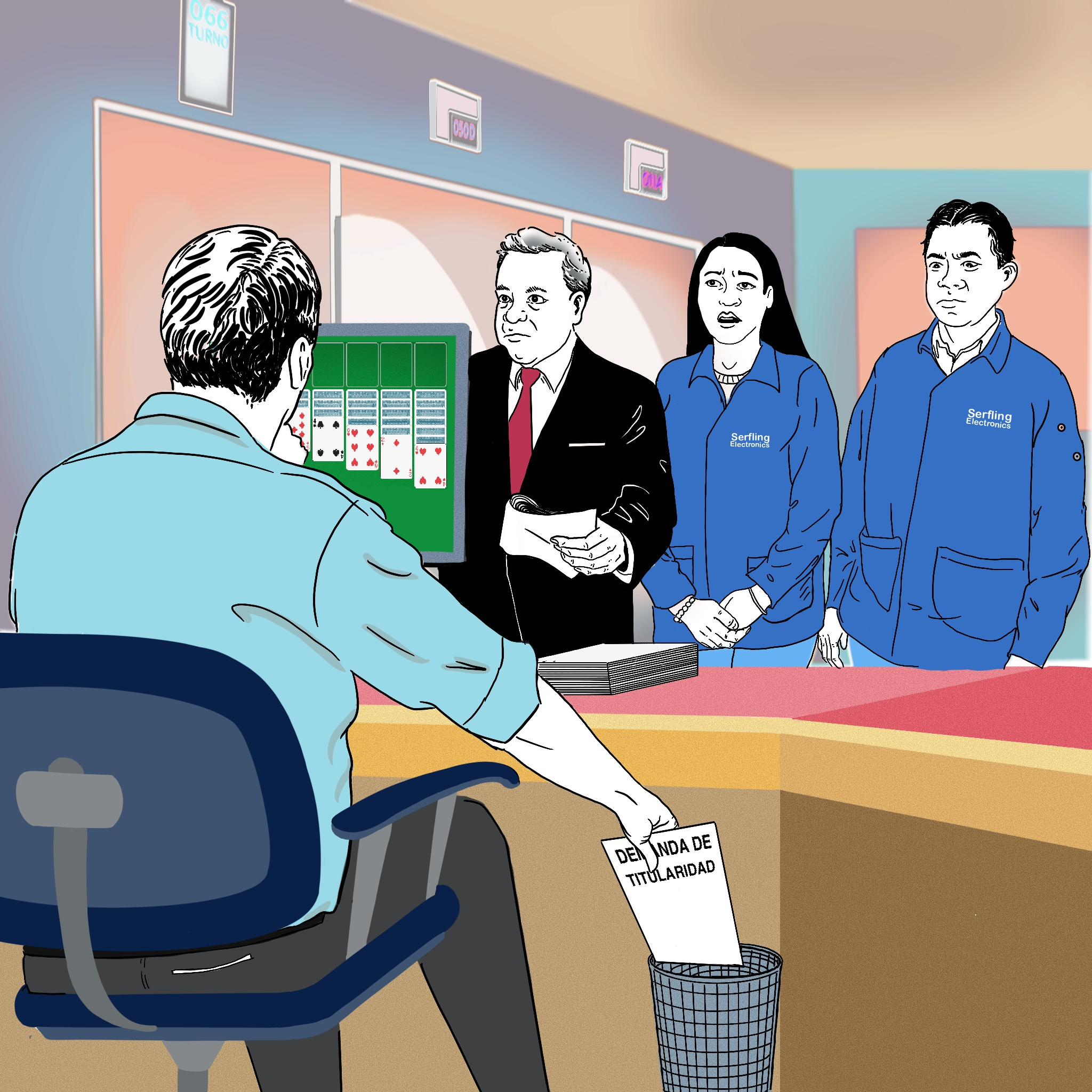A man at a desk plays solitaire on his computer while discarding a document marked “Despida de tu/j/j/jurada.” Three serious colleagues stand across from him, two in blue uniforms and one holding papers.