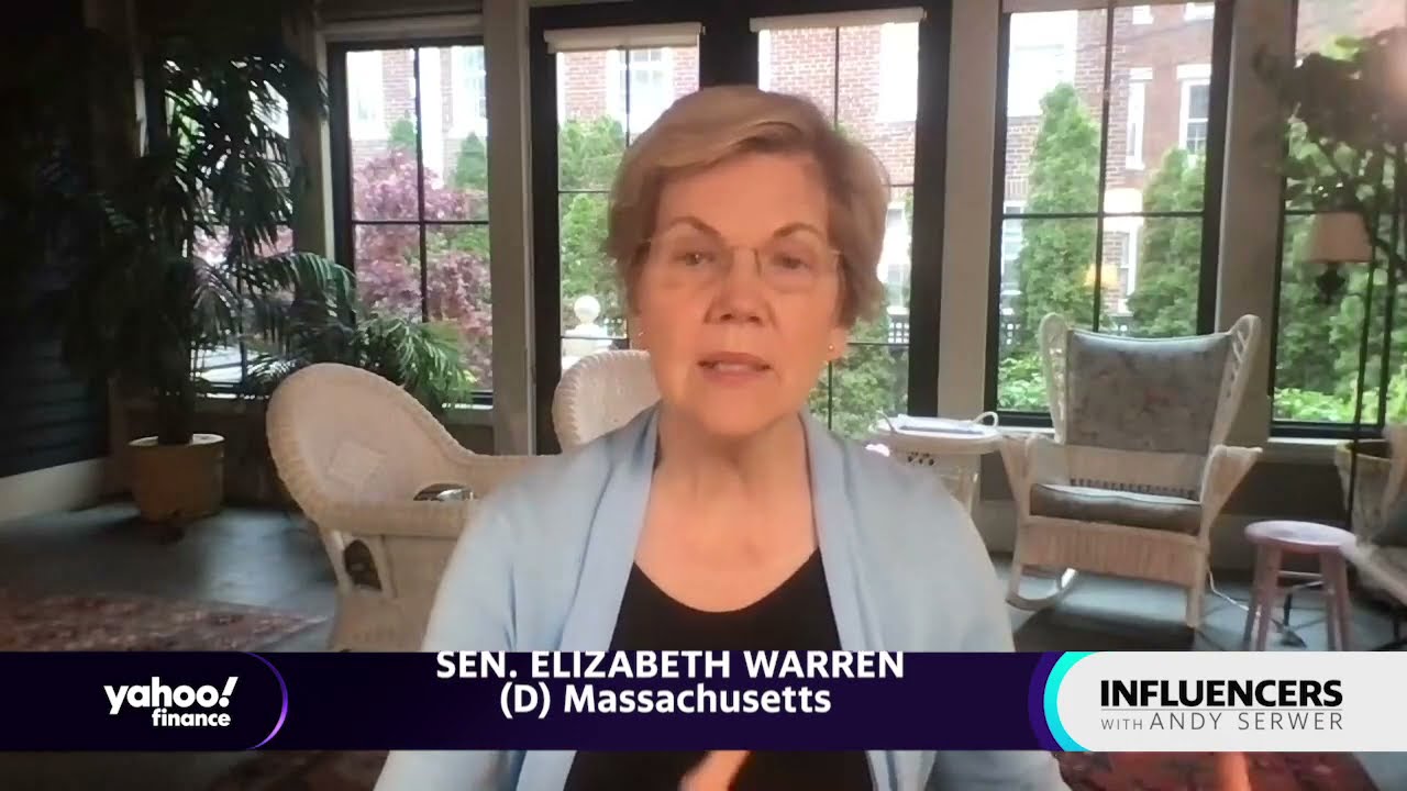 Sen. Elizabeth Warren sits indoors on a video call, speaking with a serious expression. Text on screen identifies her and the shows title, Influencers with Andy Serwer. Wicker furniture and greenery are visible in the background.