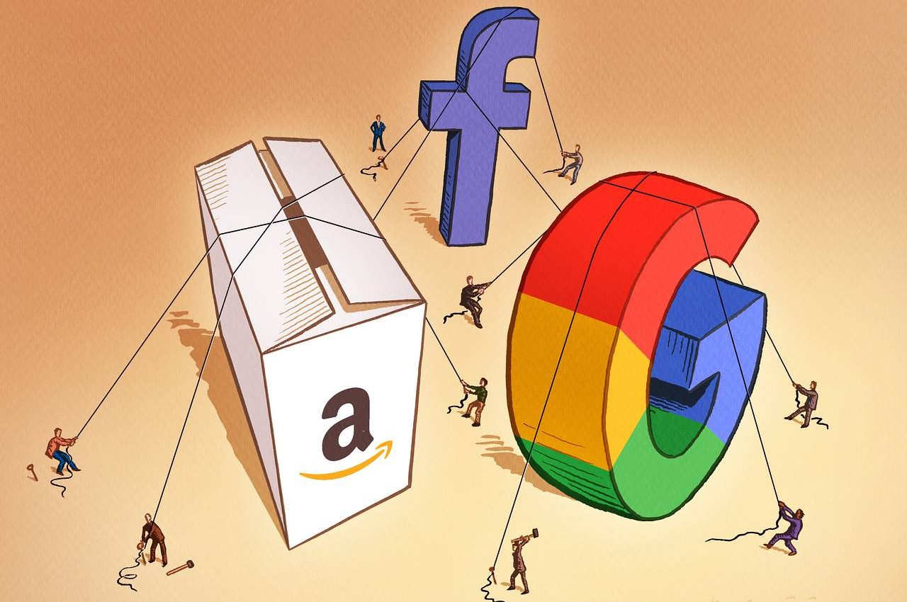 An image featuring the Amazon, Facebook and Google logos, being propped up by businessmen and women.